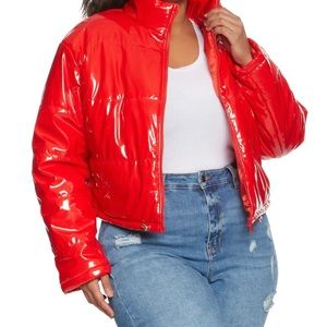 Faux patent leather puffer jacket